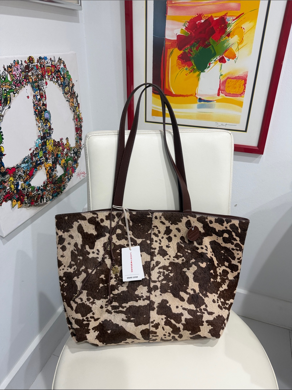 Lucky Brand Brown And Cream Cowhide Tote Bag With Dark Brown Straps